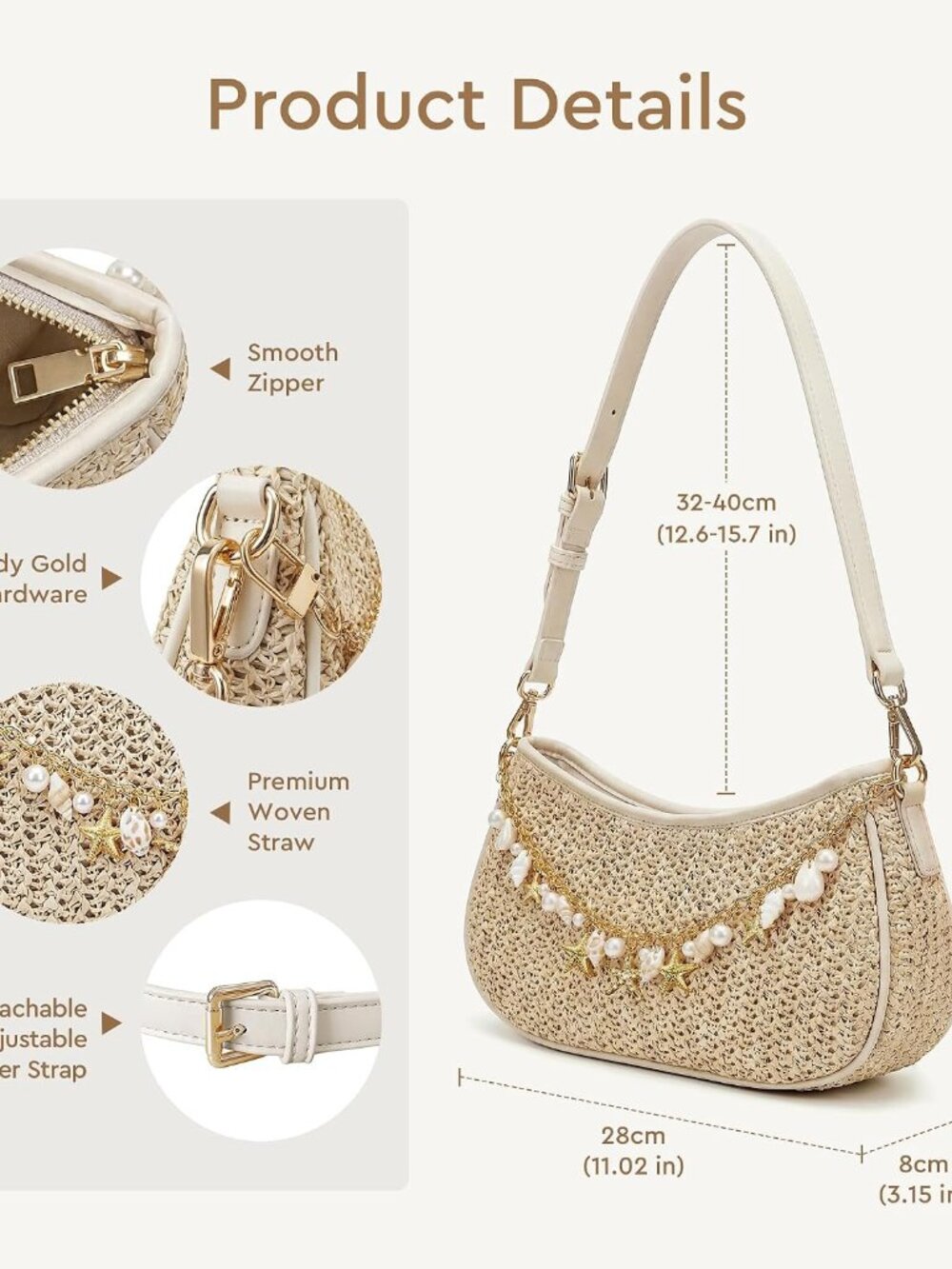 Straw Shoulder Bag for Women, Boho Woven Raffia Hobo Purse with Charm Chain, Adj - Picture 4 of 6